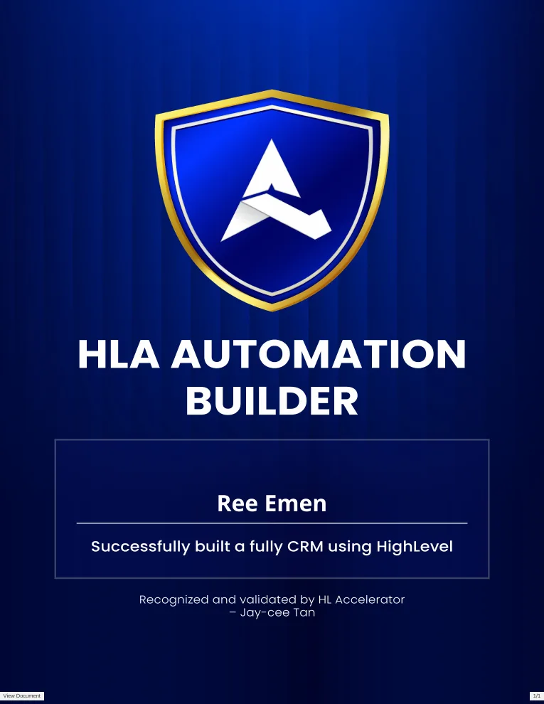 HLA Automation Builder certificate issued to Ree Emen, recognized and validated by HL Accelerator
