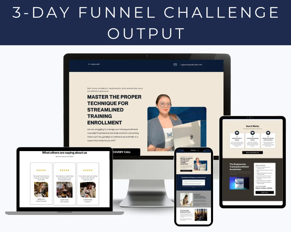 Funnel design mockup for a 3-day training enrolment challenge on desktop, tablet and phone