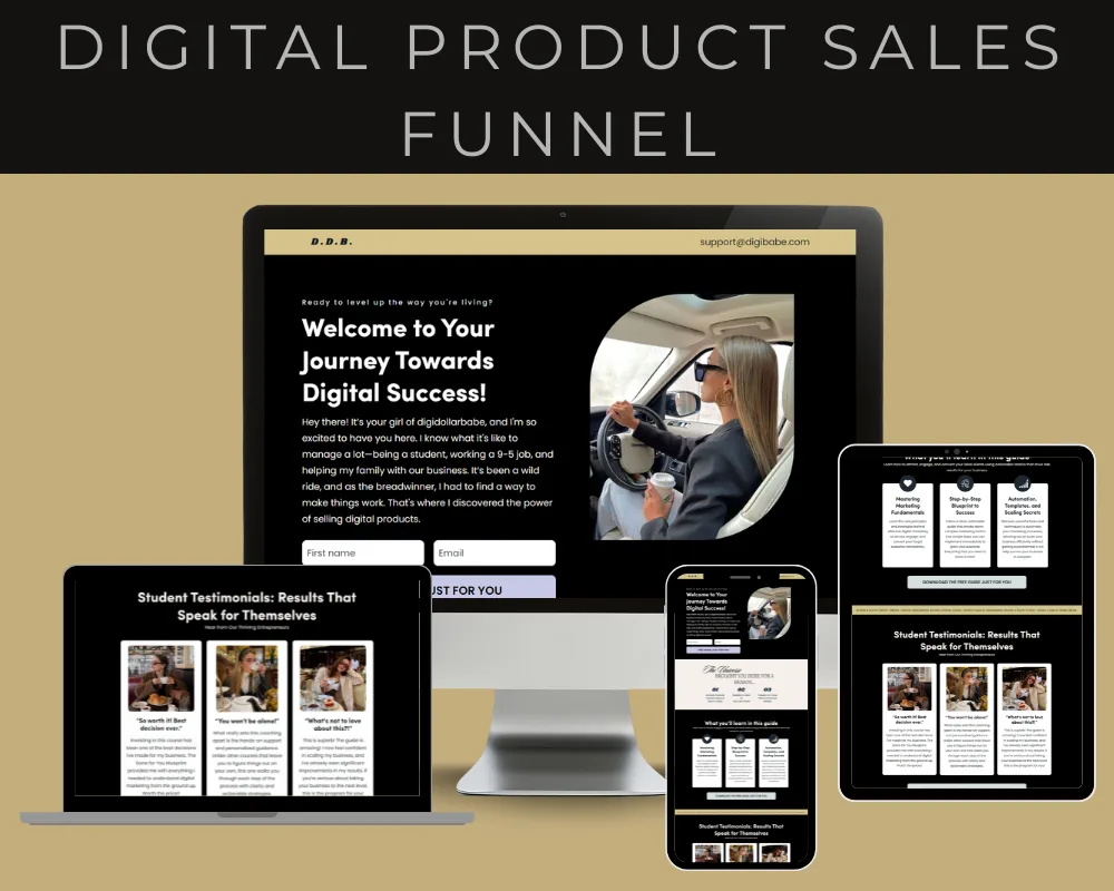 Funnel design mockup for a digital product sales funnel with testimonials, on desktop, tablet and phone