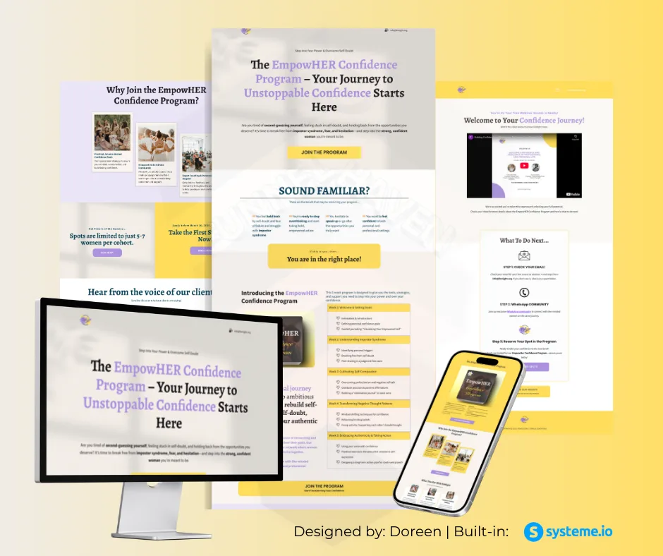 Funnel design mockup for the EmpowHER Confidence Program, shown on desktop, tablet and phone