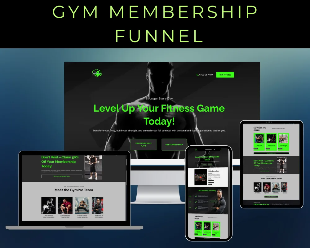 Funnel design mockup for a gym membership offer on laptop, tablet and phone