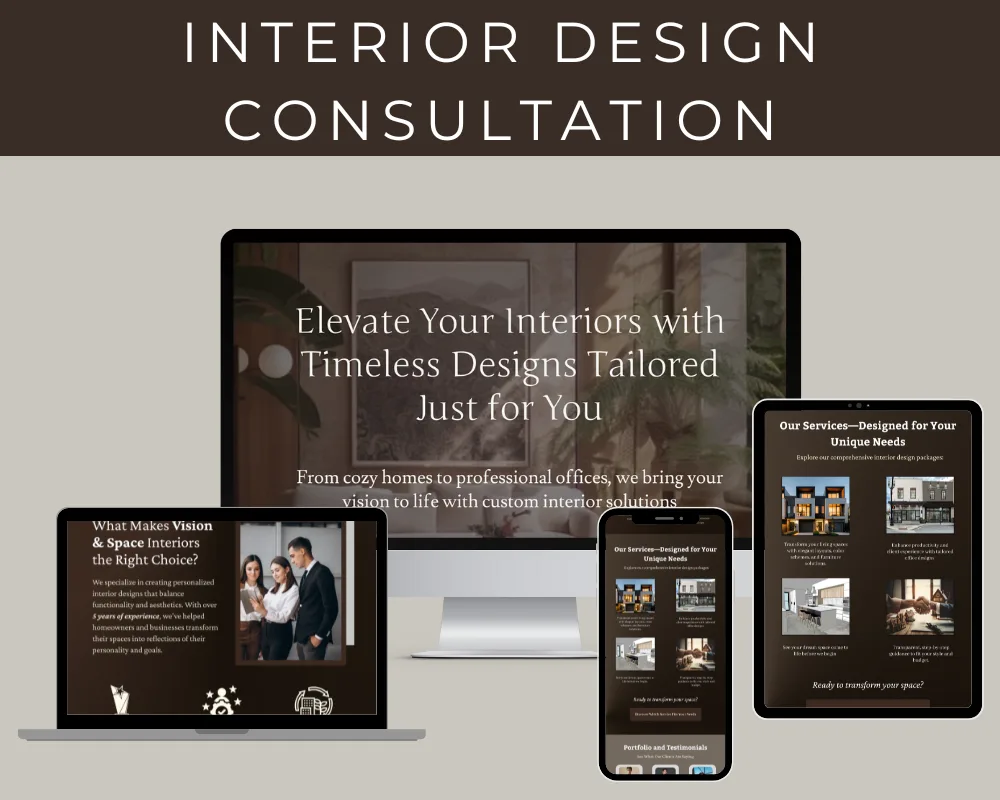 Funnel design mockup for an interior design consultation on desktop, laptop, tablet and phone