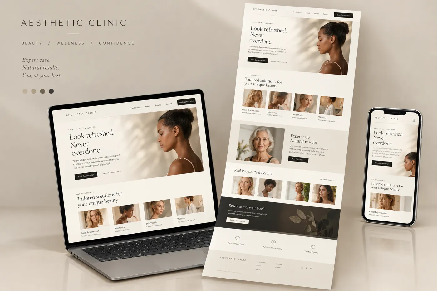 Aurelle Aesthetics website mockup on laptop and phone, with a full-page scroll of the design
