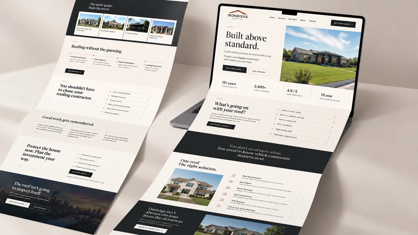 Ironridge Roofing website mockup on a laptop with the full page unfolding, headline Built above standard