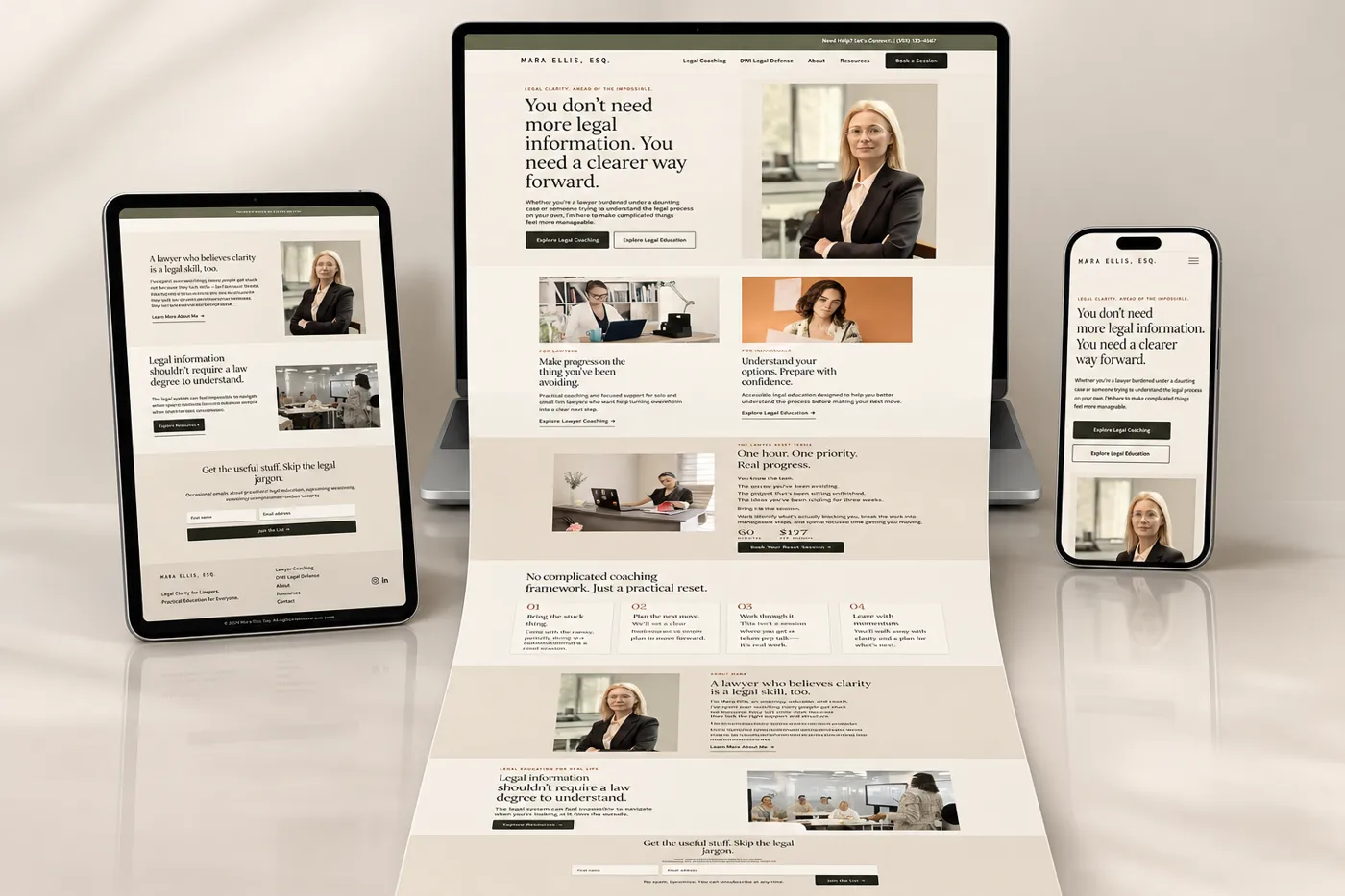 Mara Ellis, Esq. law firm website mockup on laptop, tablet and phone with the full page unfolding